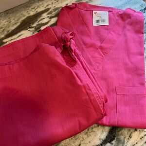 NEW All heart medical scrub basics: v-neck & drawstring pants, small. Hot pink!